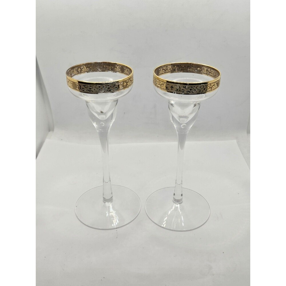 2 Tiffin Franciscan Rambler Rose Candle Stem Glasses Clear Optic Bowl, Gold Rim